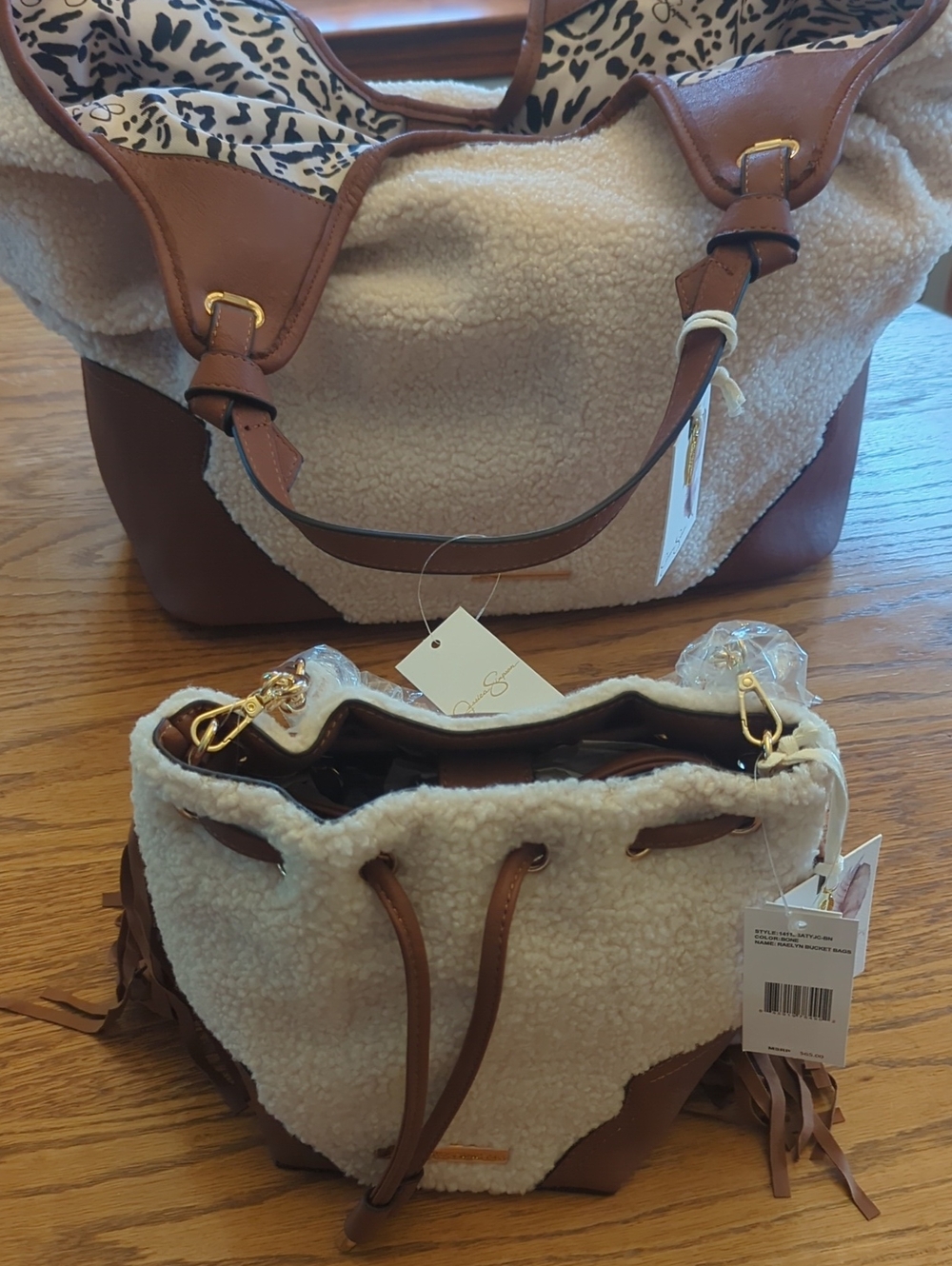 Jessica Simpson Cream & Brown Shearling Drawstring Shoulder Bag Set